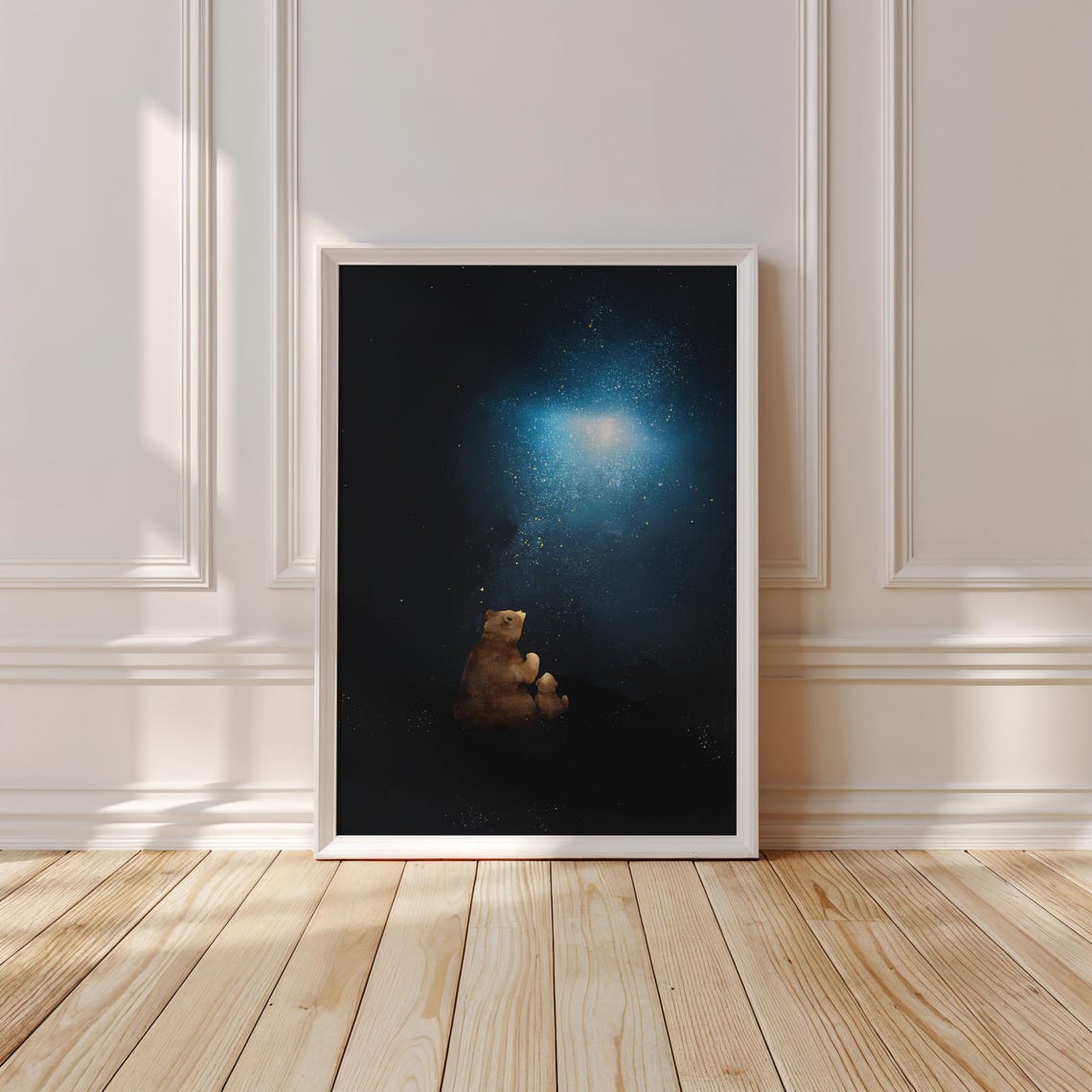 Mama Bear and Cub Gazing at a Glowing Blue Nebula Night Sky Art Print