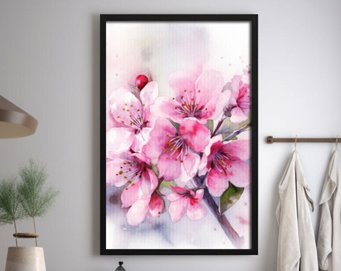 Pink Cherry Blossom Watercolor Sakura Branch Floral Painting Poster
