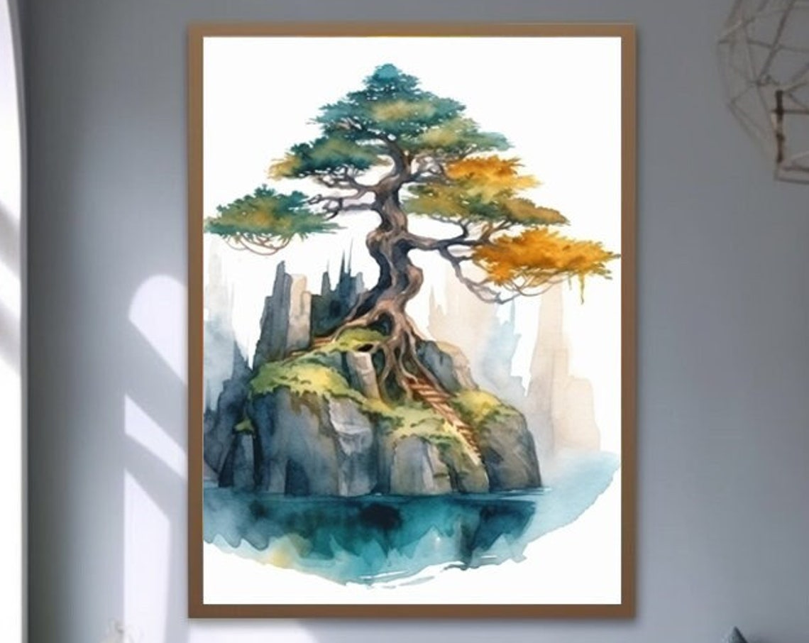 Bonsai Pine Tree Rocky Island Watercolor Zen Japanese Art Poster
