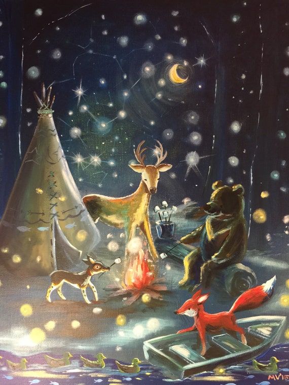 Star Night Constellation Bright Print Woodland Animals Fox Dog Camping Housewares Baby Kids Art For Kids