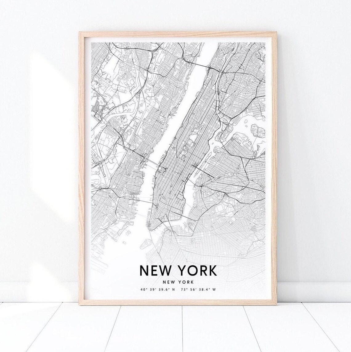 New York Map Art Print, Black White Modern