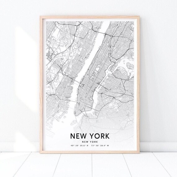 New York Map Art Print, Black White Modern