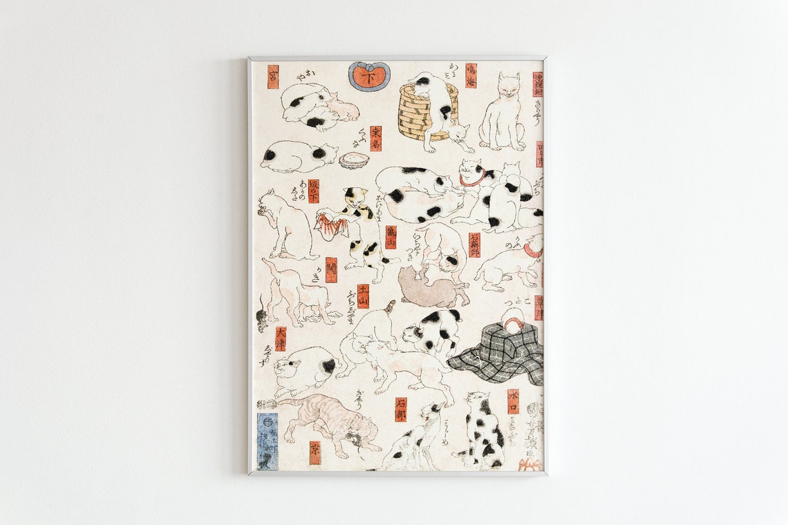 Playful Cats Japanese Woodblock Vintage Cat Illustration Poster