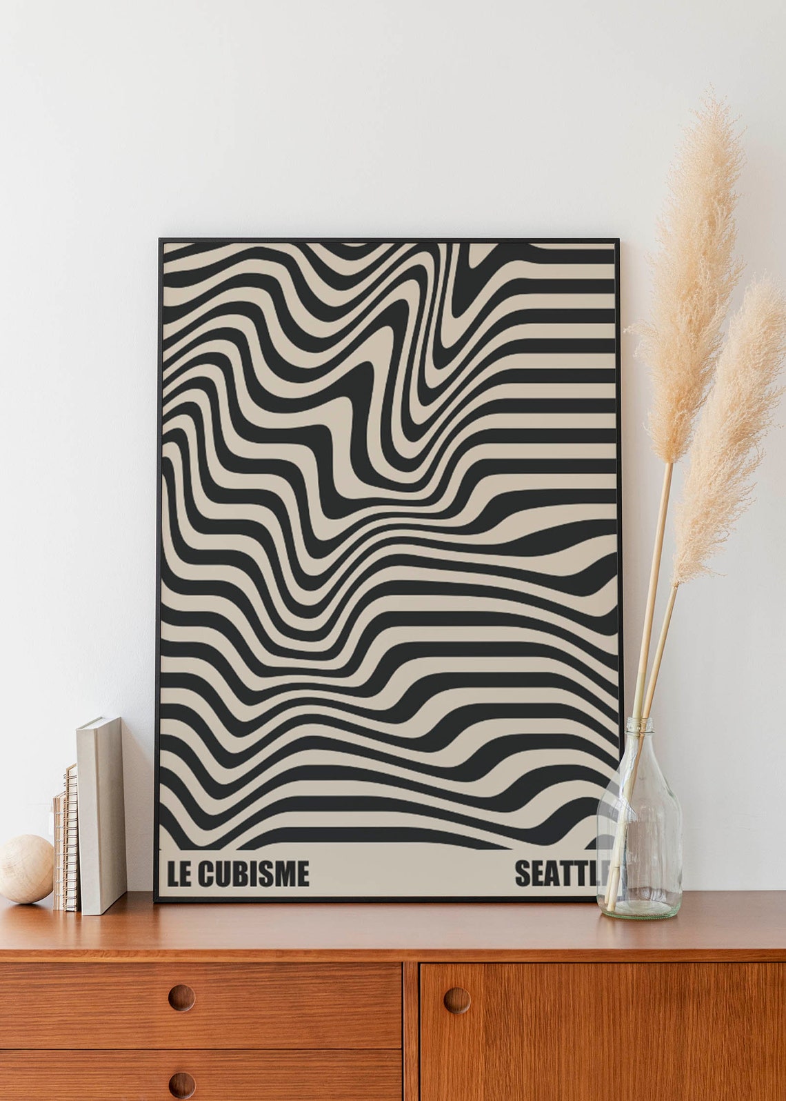 Le Cubisme Seattle Black Cream Op Art Wavy Lines Pattern Poster - Image 3
