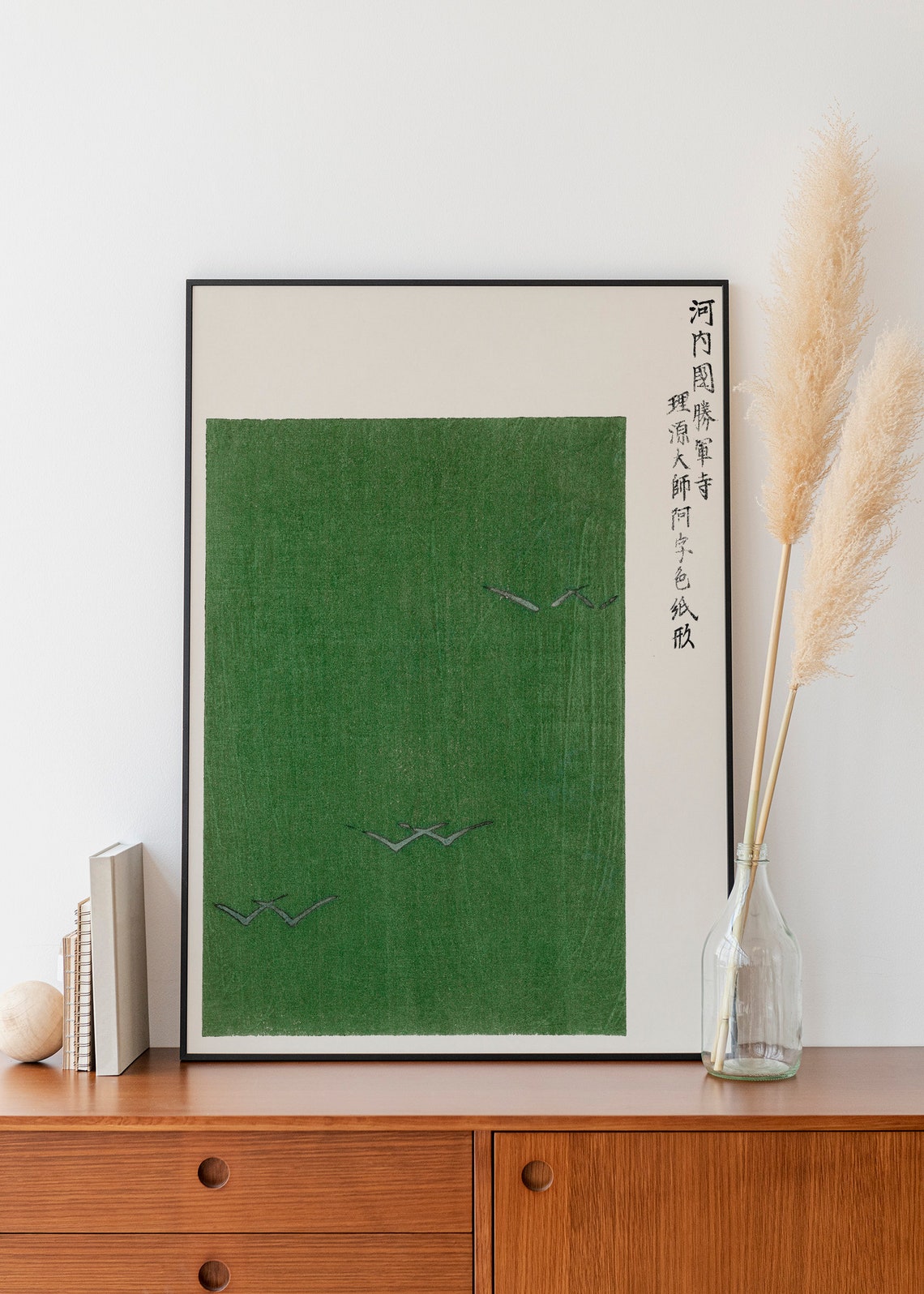 Japanese Birds Green Abstract Minimalist Woodblock Art Poster - Image 2
