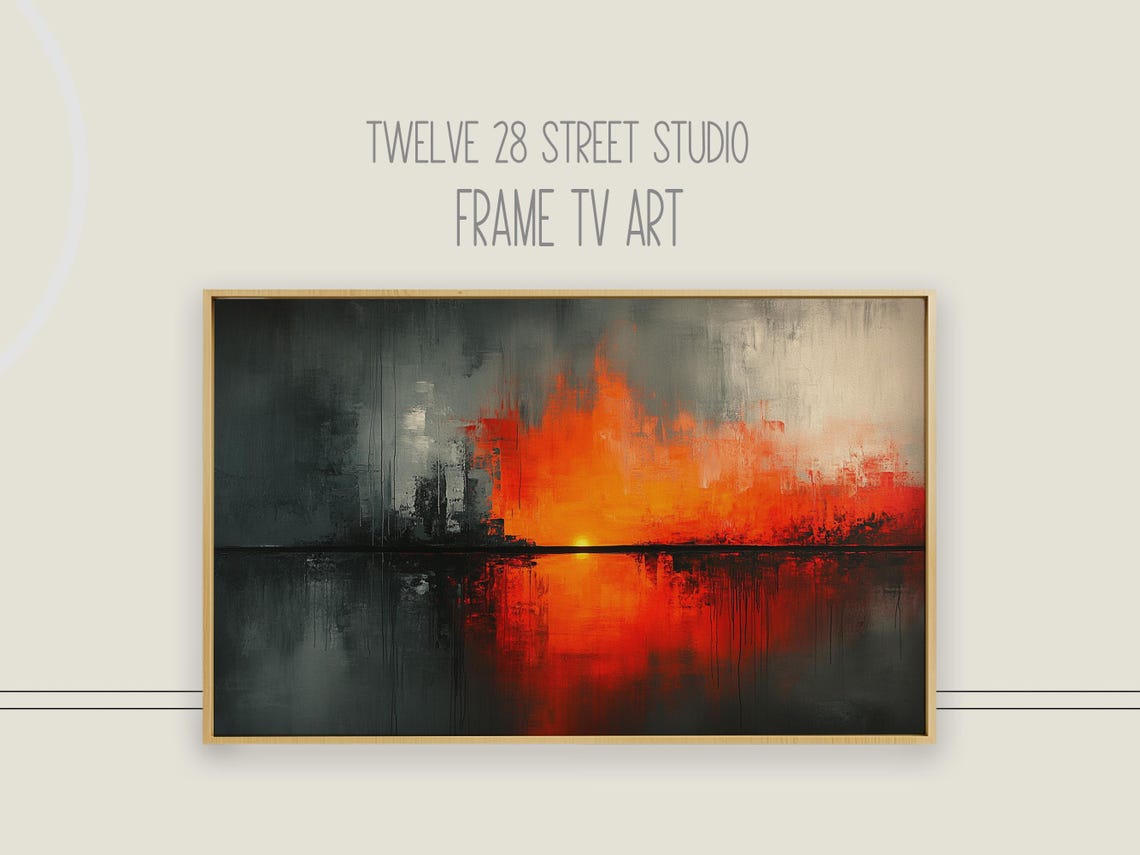 Abstract Red Sunset Cityscape Dark Water Modern Fiery Urban Art Poster