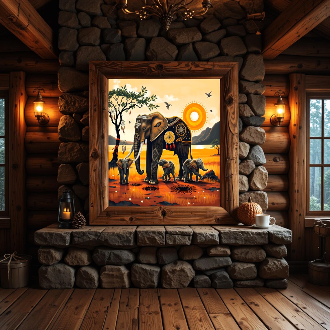 Mother Elephant and Calves African Sunset Tribal Art Wildlife Poster