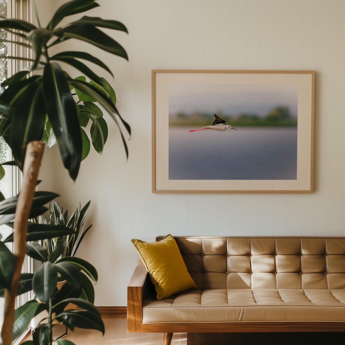 Black Winged Stilt Bird Gliding Over Calm Water Photo Poster