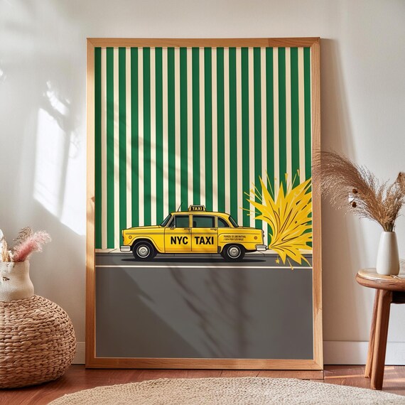 Nyc Taxi Painting Print Eclectic Yellow Cab Wall Art Digital Download