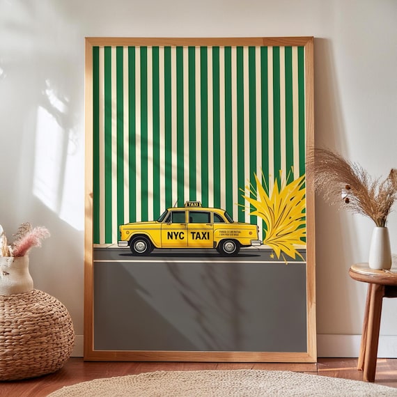 Retro NYC Yellow Taxi Cab Illustration With Green Stripes Vintage City Poster