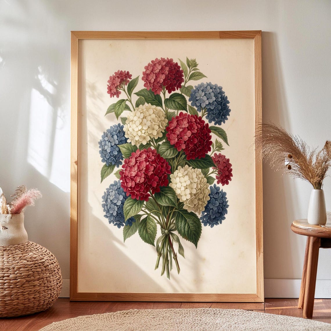 Patriotic Hydrangea Botanical Print Red White Blue Floral Wall Art Digital Download