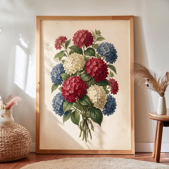 Patriotic Hydrangea Red White Blue Floral Botanical Bouquet Vintage Poster