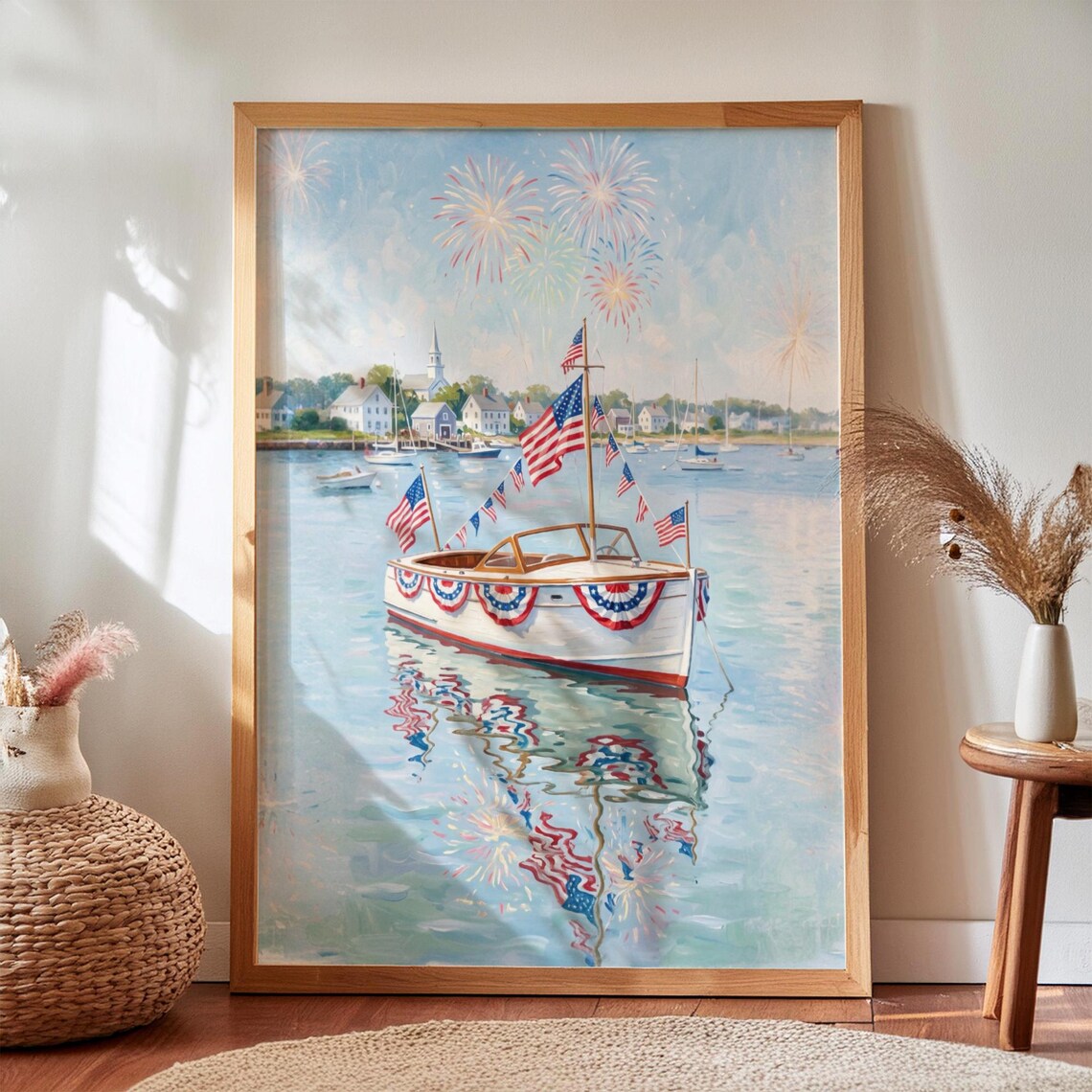 Patriotic Boat Vintage Summer Lake Art Print
