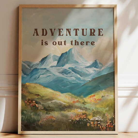 Adventure Awaits Mountain Nursery Print Vintage Style Oil Painting Art