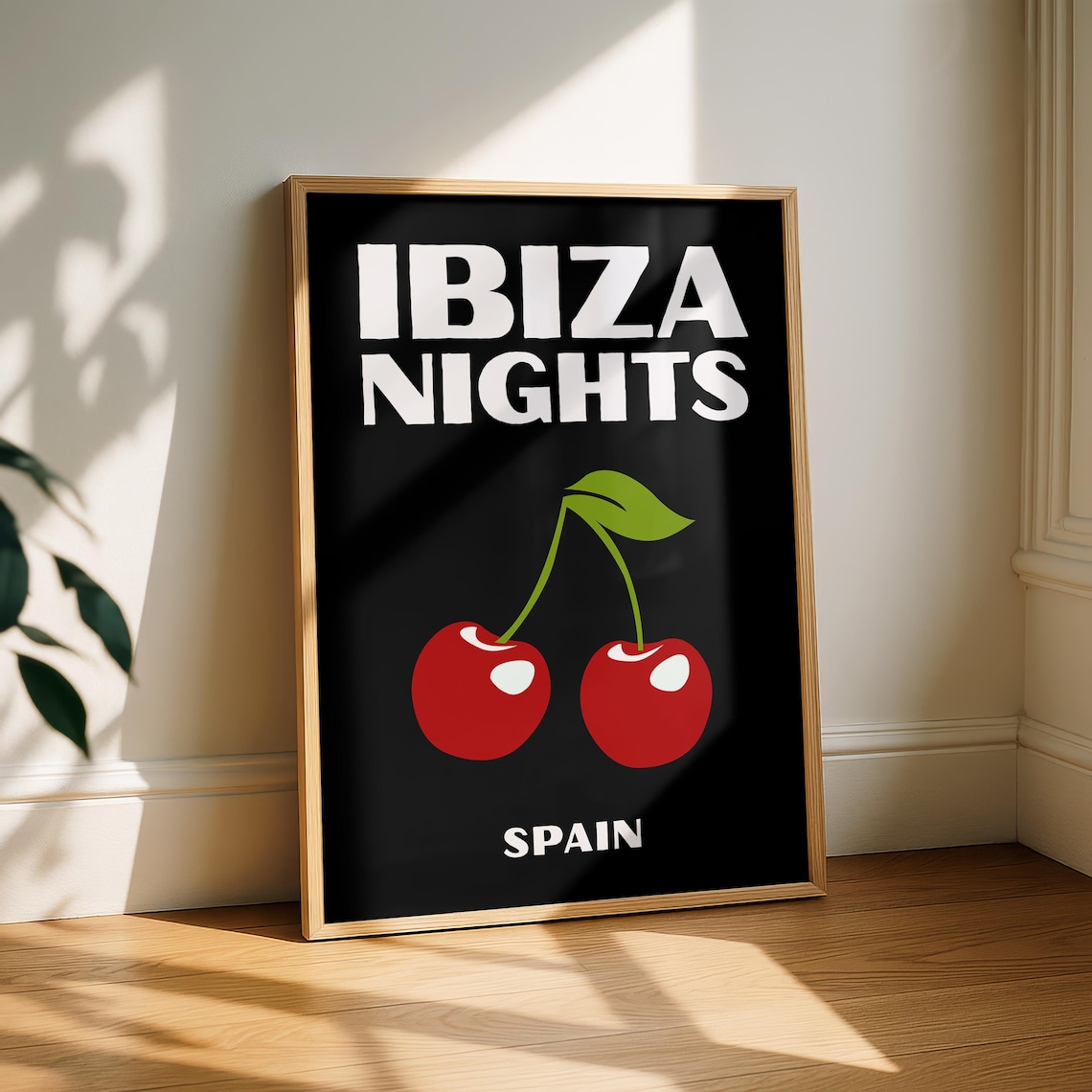 Ibiza Nights Spain Bold Retro Cherry Minimalist Black Travel Poster