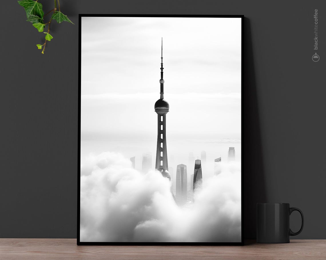 Oriental Pearl Tower Shanghai Black And White Cloud Poster Minimalist
