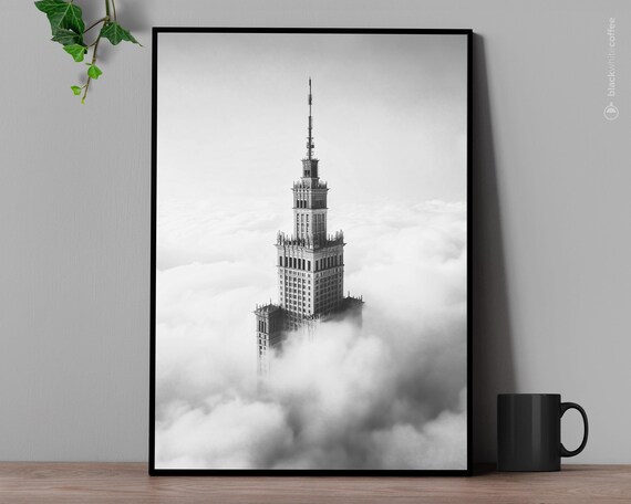 Palace Of Culture Warsaw Rising Through Clouds Monochrome Photo Poster