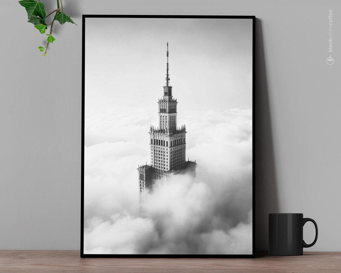 Palace Of Culture Warsaw Rising Through Clouds Monochrome Photo Poster