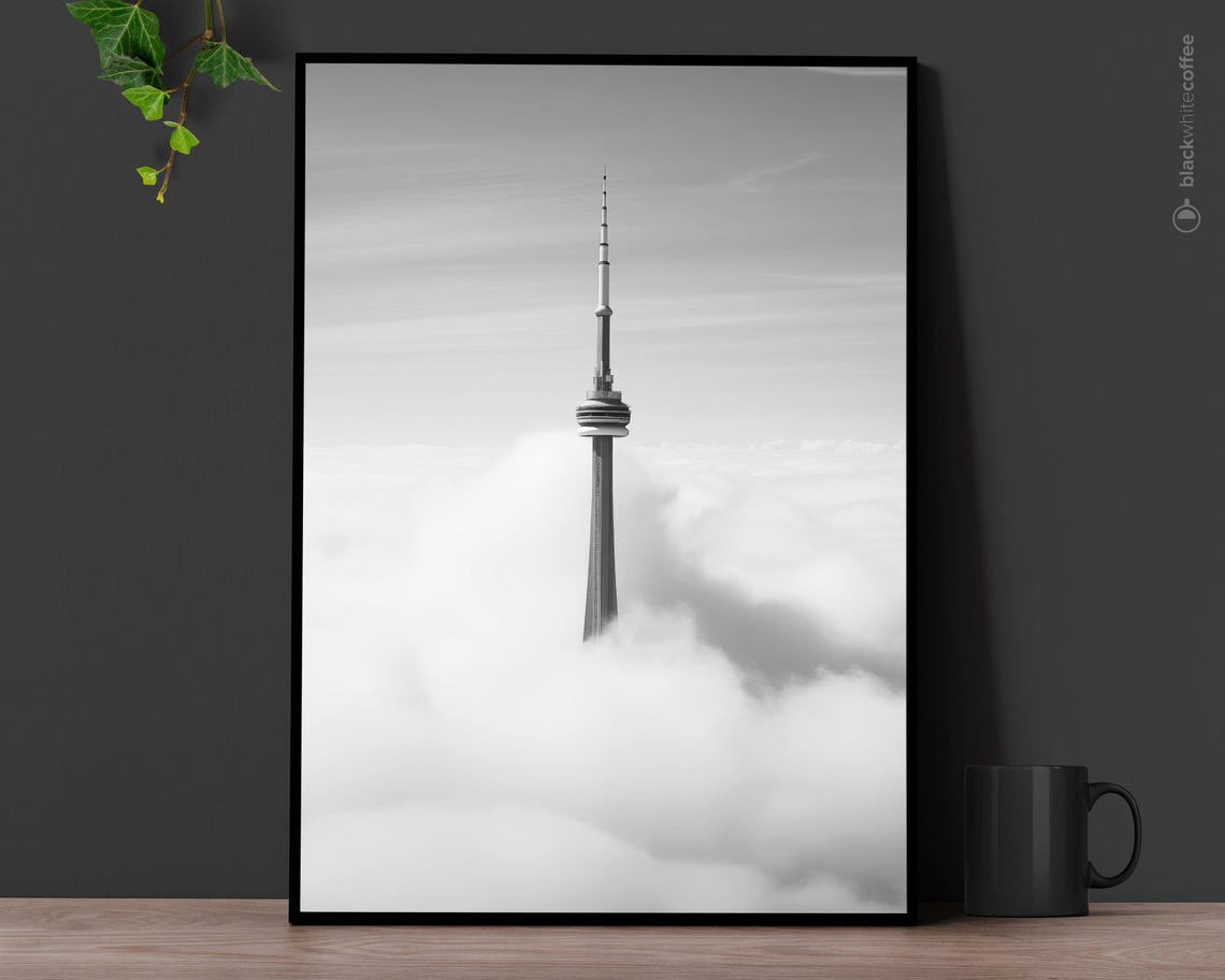 CN Tower Toronto Above Clouds Black White Photography Poster