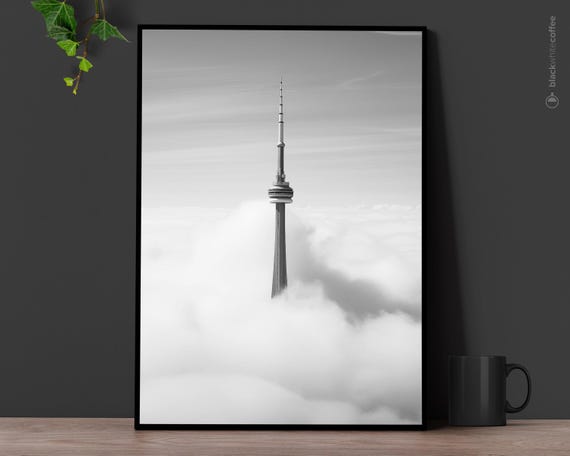 CN Tower Toronto Above Clouds Black White Photography Poster