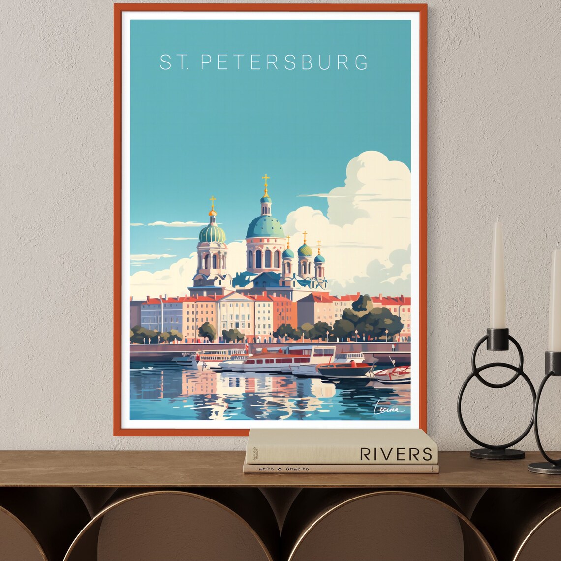 St Petersburg Russia Blue Domed Cathedral Harbor Vintage Travel Poster