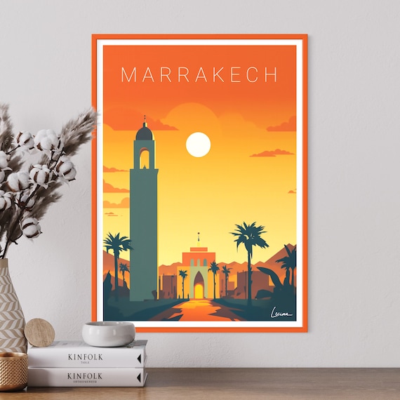 Marrakech Sunset Koutoubia Mosque Morocco Vintage Travel Poster