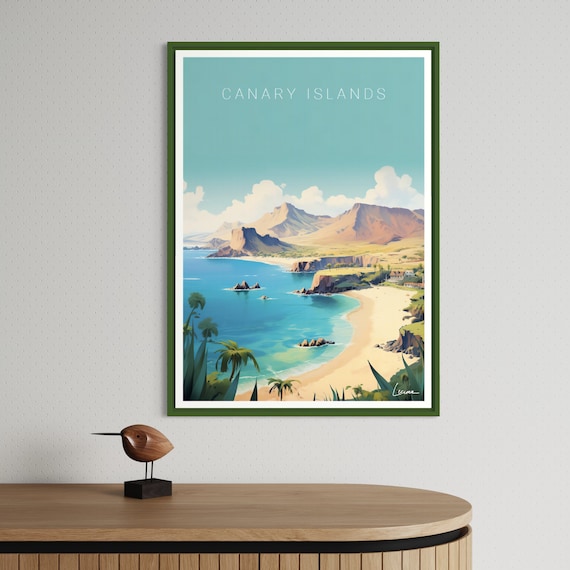 Canary Islands Spain Travel Poster Turquoise Beach Bay and Volcanic Cliffs