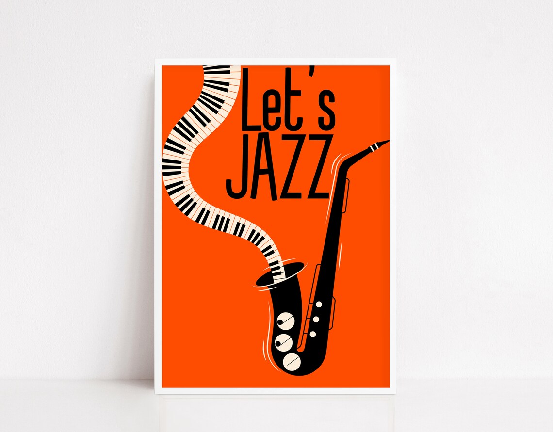 Let's Jazz Orange Saxophone Retro Music Lovers Gift Art Poster