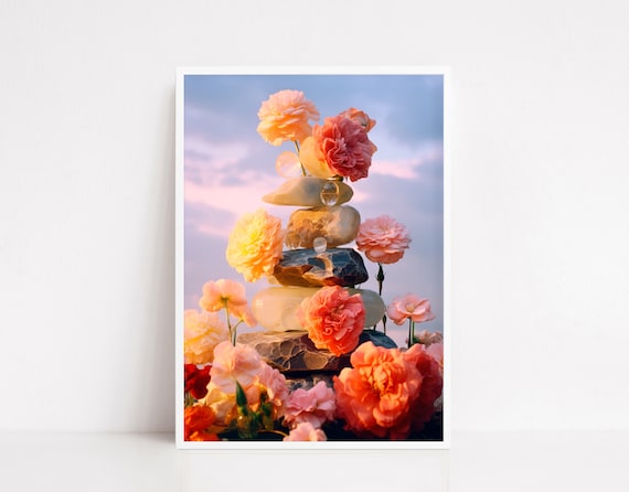 Stacked Gemstones Crystals With Flowers Sunset Boho Photo Poster