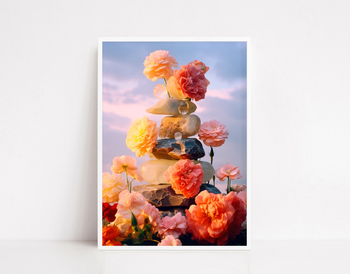 Stacked Gemstones Crystals With Flowers Sunset Boho Photo Poster