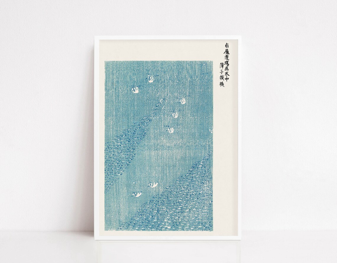 Japanese Blue Wave Birds Ukiyo E Style Vintage Woodblock Art Poster