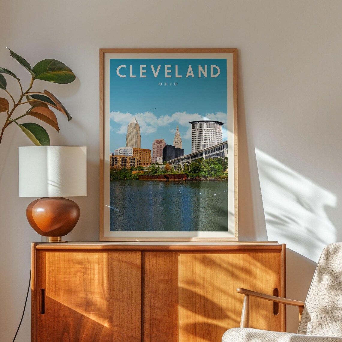 Cleveland Mid-Century Travel Poster, Skyline Print