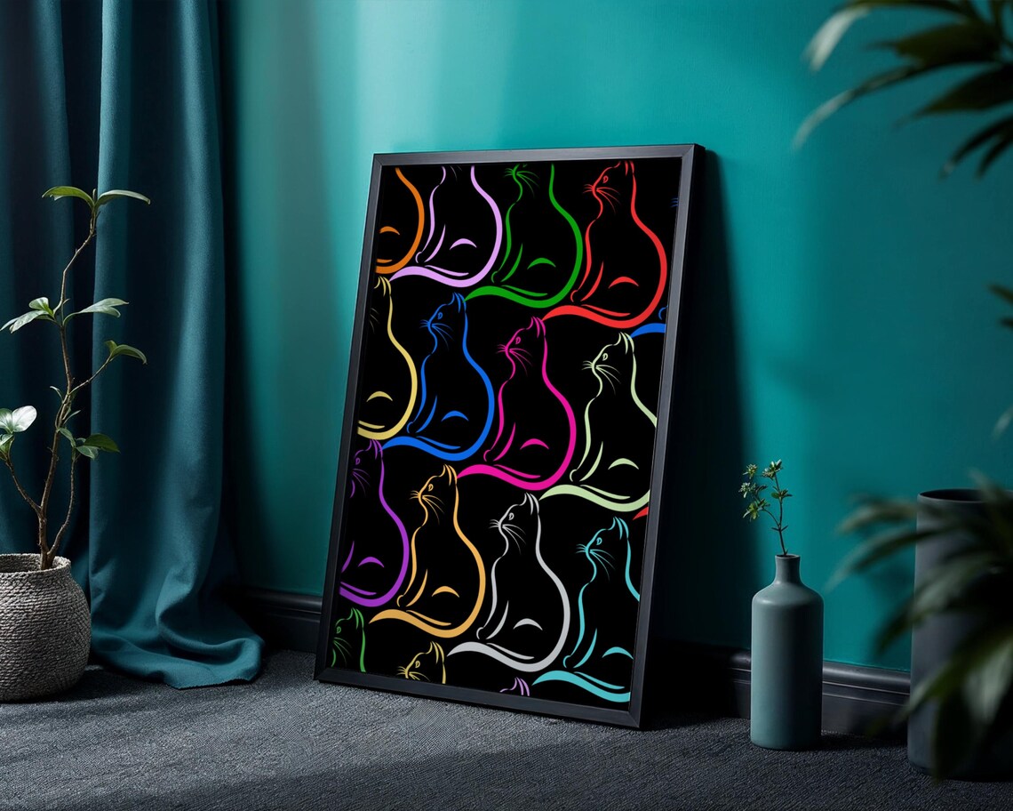 Rainbow Cats, Black Theme Multi Color Cat Poster - Image 2