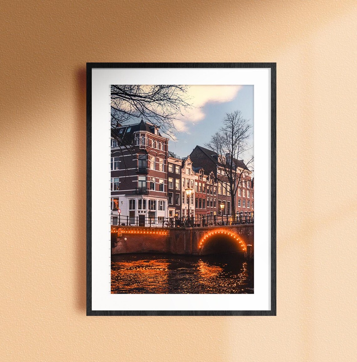 Amsterdam Netherlands Canal Bridge Glowing At Dusk Photo Poster