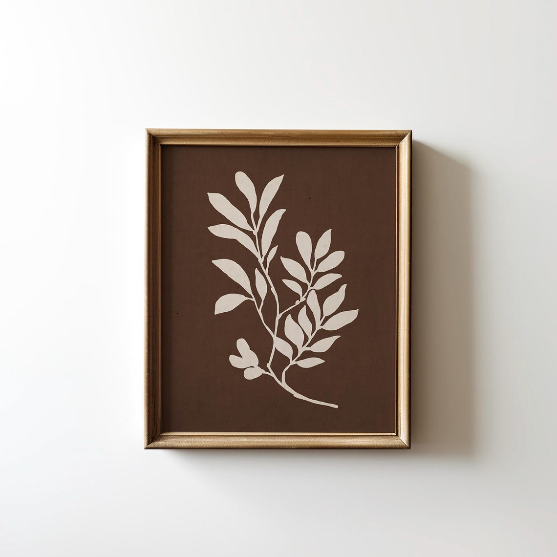 Single Cream Leafy Branch On Dark Brown Minimalist Botanical Poster