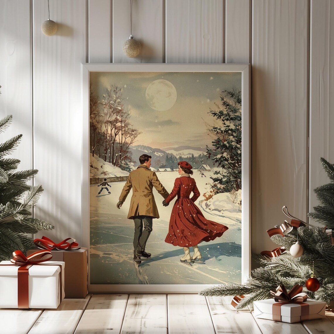 Vintage Christmas Ice Skating Couple Art Print