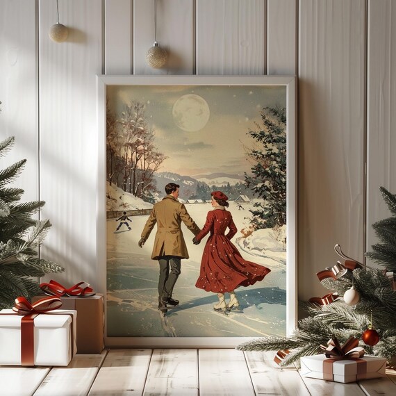 Vintage Christmas Ice Skating Couple Art Print