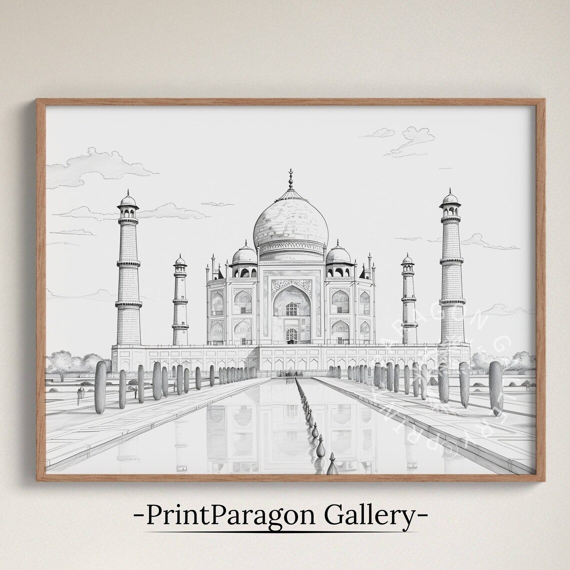 Taj Mahal Agra Ink Sketch Black White Monument Pool Reflection Poster