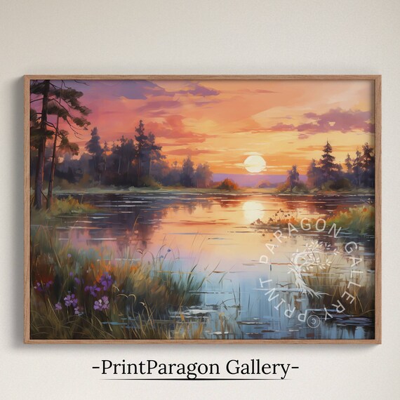 Lake Sunset With Wildflowers Purple Orange Sky Oil Painting Nature Wall Art