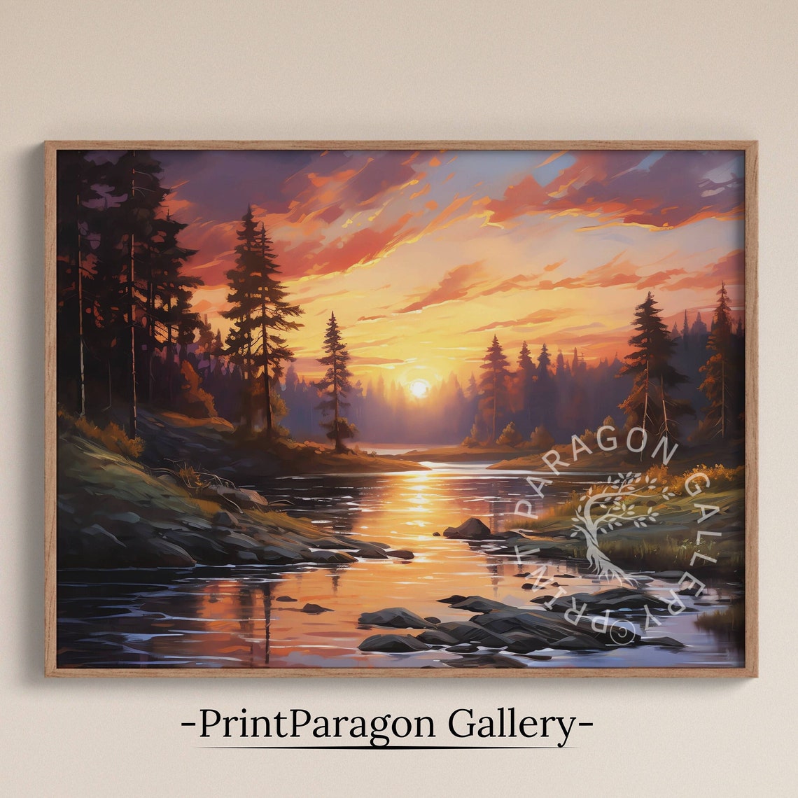 Vivid Orange River Sunset Painting Rocky Pine Bank Reflection Poster