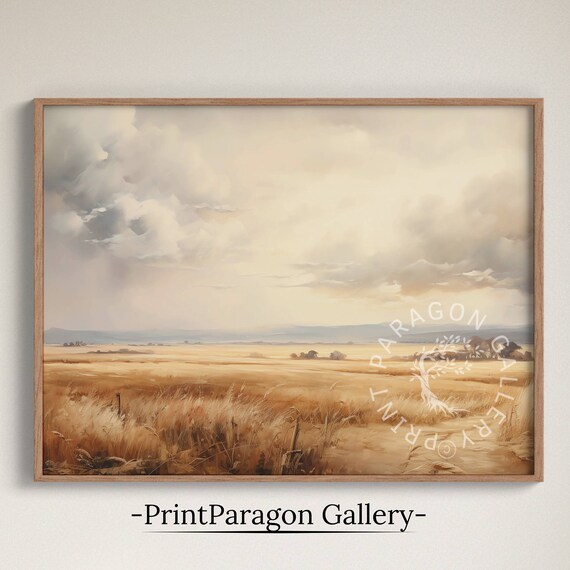 Golden Wheat Field Under Dramatic Cloudy Sky Minimalist Landscape Wall Art
