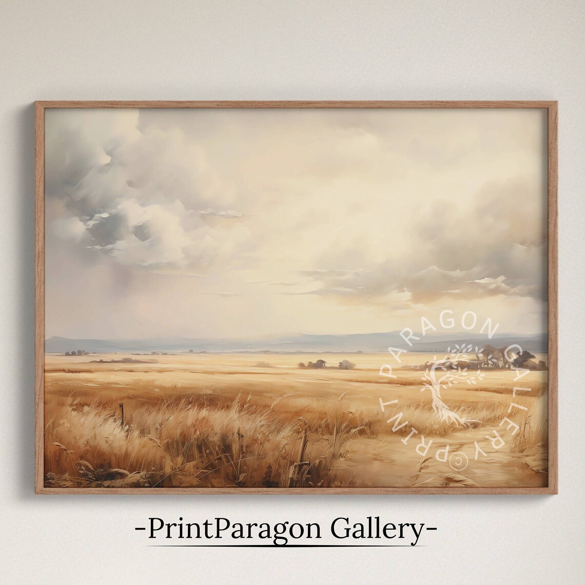 Golden Wheat Field Under Dramatic Cloudy Sky Minimalist Landscape Wall Art