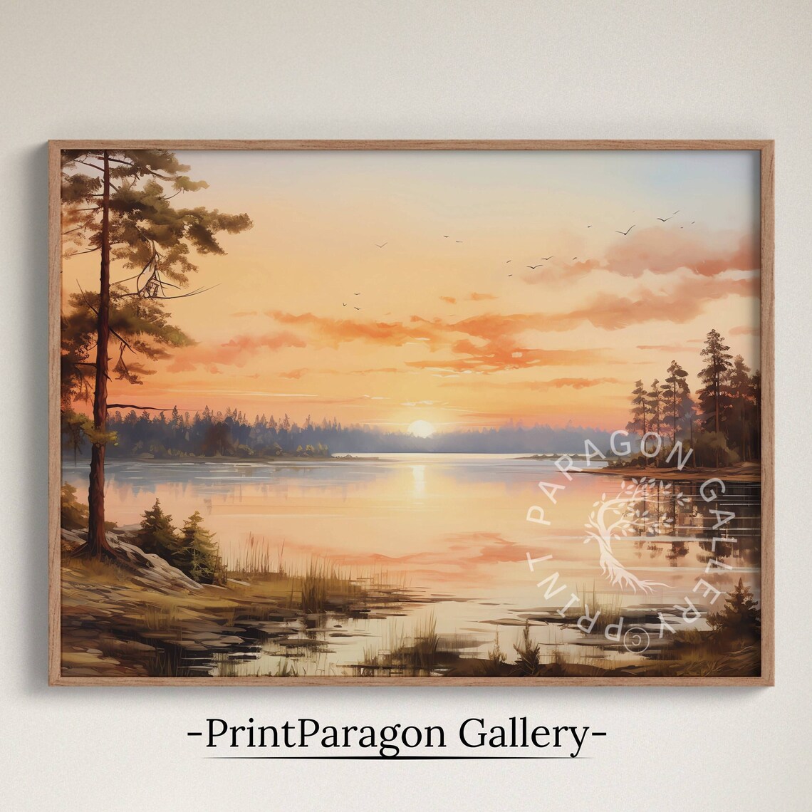 Peaceful Sunset Over Calm Lake Pastel Sky Birds Oil Painting Nature Wall Art