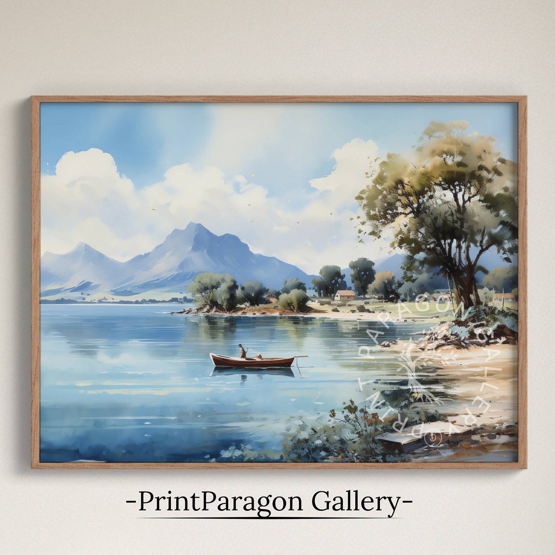 Fisherman Rowing Canoe on Blue Mountain Lake Vibrant Summer Poster