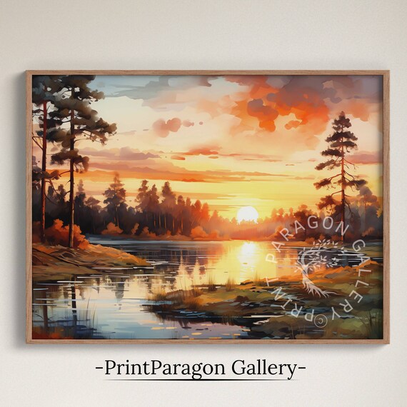 Amber Sunset Forest Lake Watercolor Painting Tall Pine Silhouette Poster