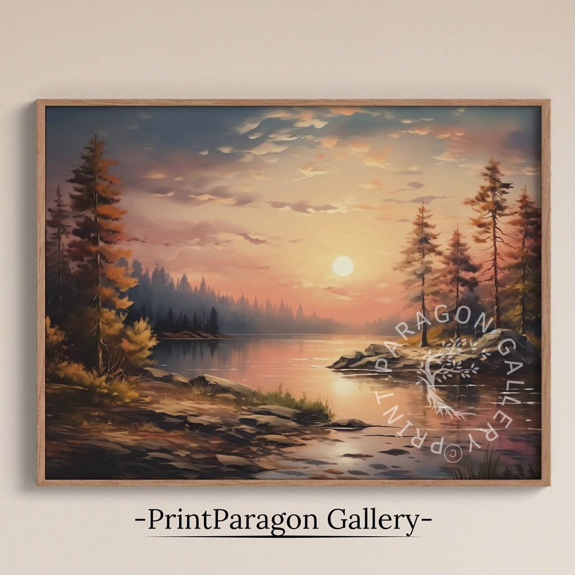 Rose Pink Forest Lake Sunset Painting Serene Water Reflection Poster