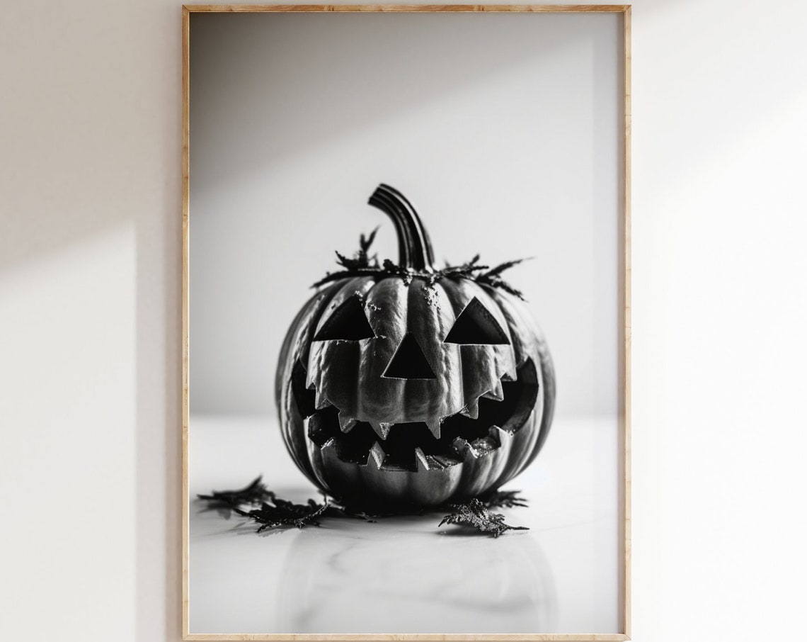 Halloween Jackolantern Wall Art Print Pumpkin Spooky Moody Black And White Fall Autumn Decor Modern