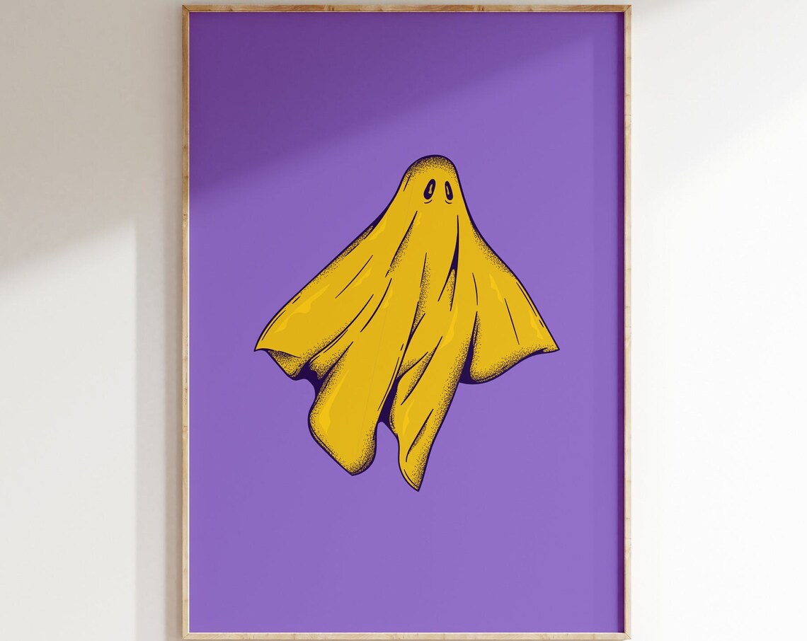 Yellow Ghost Purple Background Retro Pop Art Halloween Wall Poster