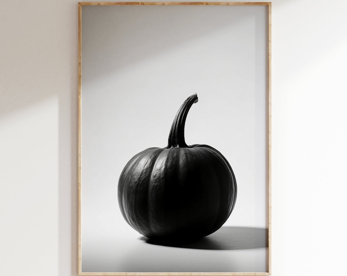 Black Pumpkin On White Background Minimalist Modern Fall Halloween Photo Poster