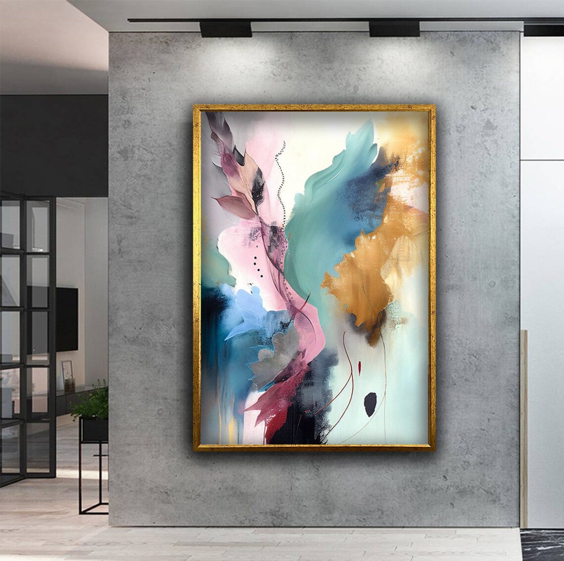 Colorful Abstract Leaves Watercolor Pink Teal Gold Wall Art Poster - Image 2